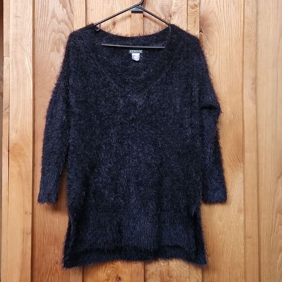 Venus V-Neck Fuzzy Stretch Tunic Winter Sweater, Small, Black - Picture 1 of 8